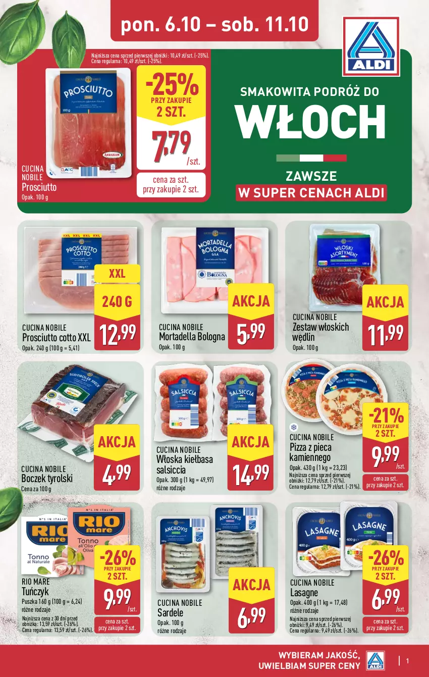 Gazetka promocyjna Aldi - Oferta specjalna - ważna 06.10 do 11.10.2025 - strona 1 - produkty: Boczek, Dell, Kiełbasa, Lasagne, Mortadella, Piec, Pizza, Pizza z pieca kamiennego, Prosciutto, Rio Mare, Smakowita, Tuńczyk