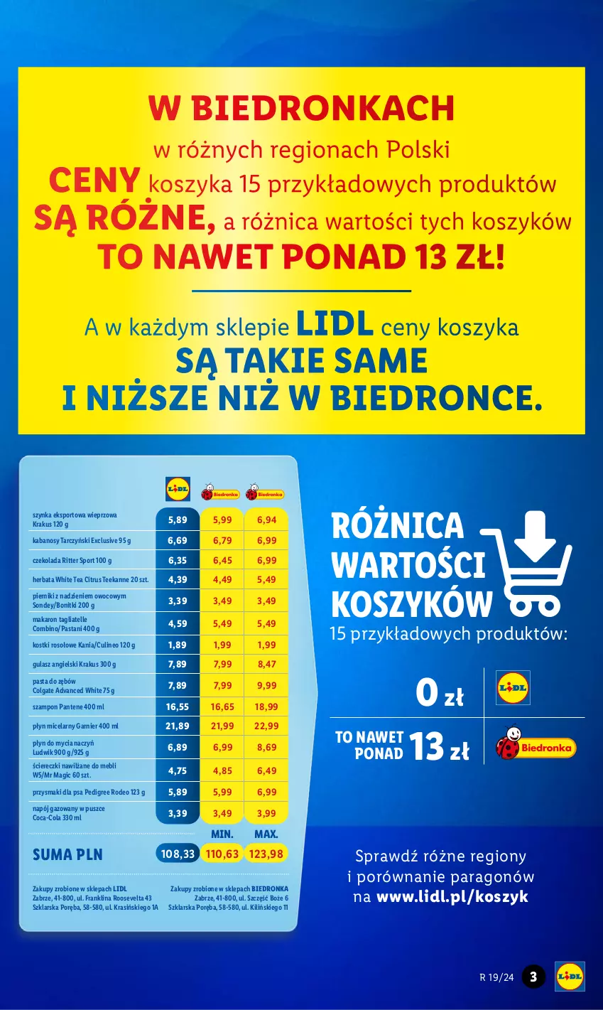 Gazetka promocyjna Lidl - GAZETKA - ważna 06.05 do 08.05.2024 - strona 3 - produkty: Bonitki, Coca-Cola, Colgate, Czekolada, Do mycia naczyń, Garnier, Herbata, Kabanos, Kostki rosołowe, Kosz, Krakus, LG, Ludwik, Makaron, Napój, Napój gazowany, Pantene, Pasta do zębów, Pedigree, Piernik, Płyn do mycia, Płyn do mycia naczyń, Płyn micelarny, Por, Przysmaki, Ritter Sport, Sport, Szampon, Szynka, Tagliatelle, Tarczyński, Teekanne