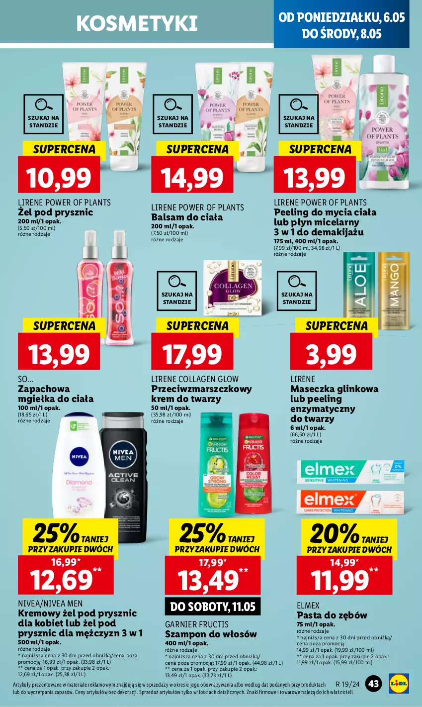 Gazetka promocyjna Lidl - GAZETKA - ważna 06.05 do 08.05.2024 - strona 53 - produkty: Balsam do ciała, Elmex, Fructis, Garnier, Krem do twarzy, Lirene, Makijaż, Mars, Nivea, Nivea Men, Pasta do zębów, Peeling, Płyn micelarny, Szampon