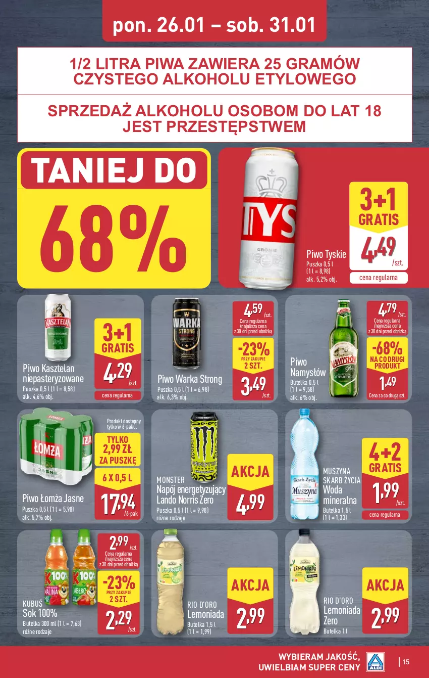 Gazetka promocyjna Aldi - Pełna oferta - ważna 26.01 do 31.01.2026 - strona 15 - produkty: Gra, Kasztelan, Kubuś, Lemoniada, Mus, Namysłów, Napój, Piwa, Piwo, Sok, Szyna, Tyskie, Warka, Woda, Woda mineralna
