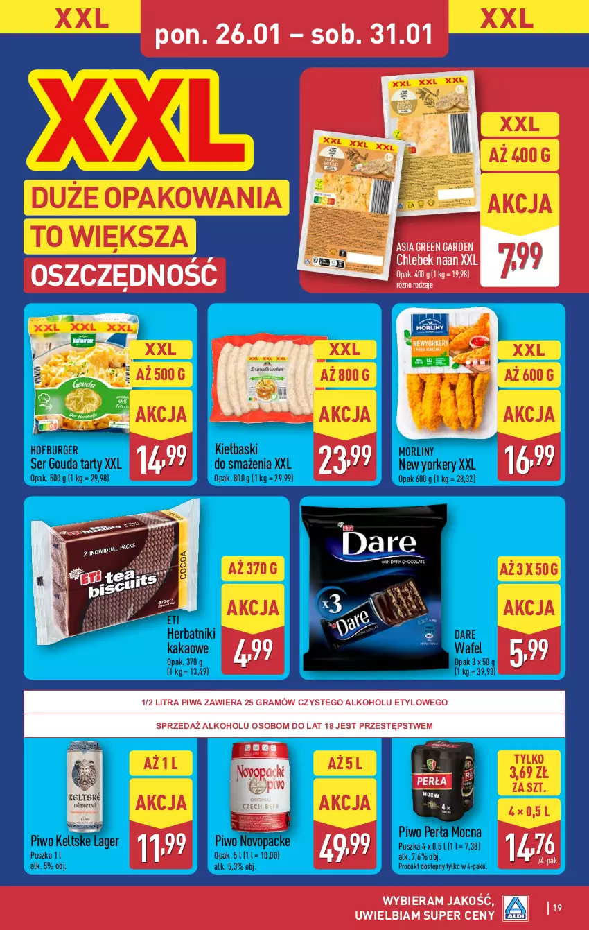 Gazetka promocyjna Aldi - Pełna oferta - ważna 26.01 do 31.01.2026 - strona 19 - produkty: Burger, Chleb, Gouda, Gra, Herbatniki, Hofburger, Kakao, Morliny, Perła, Piwa, Piwo, Ser
