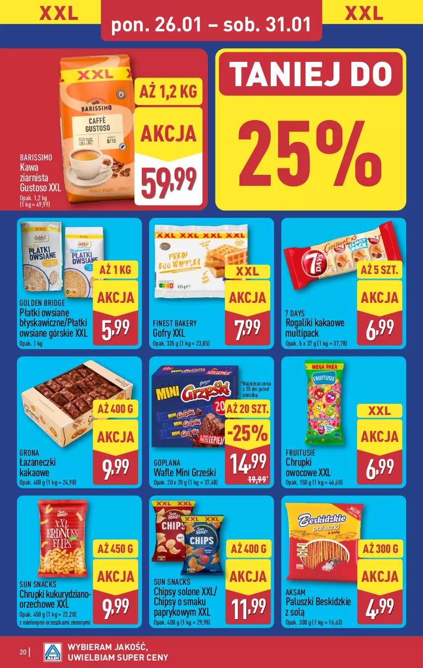 Gazetka promocyjna Aldi - Pełna oferta - ważna 26.01 do 31.01.2026 - strona 20 - produkty: 7 Days, Aksam, Beskidzki, Chipsy, Chrupki, Gofry, Goplana, Grześki, Kakao, Kawa, Kawa ziarnista, LANA, Mini Grześki, Płatki owsiane, Rogal, Wafle