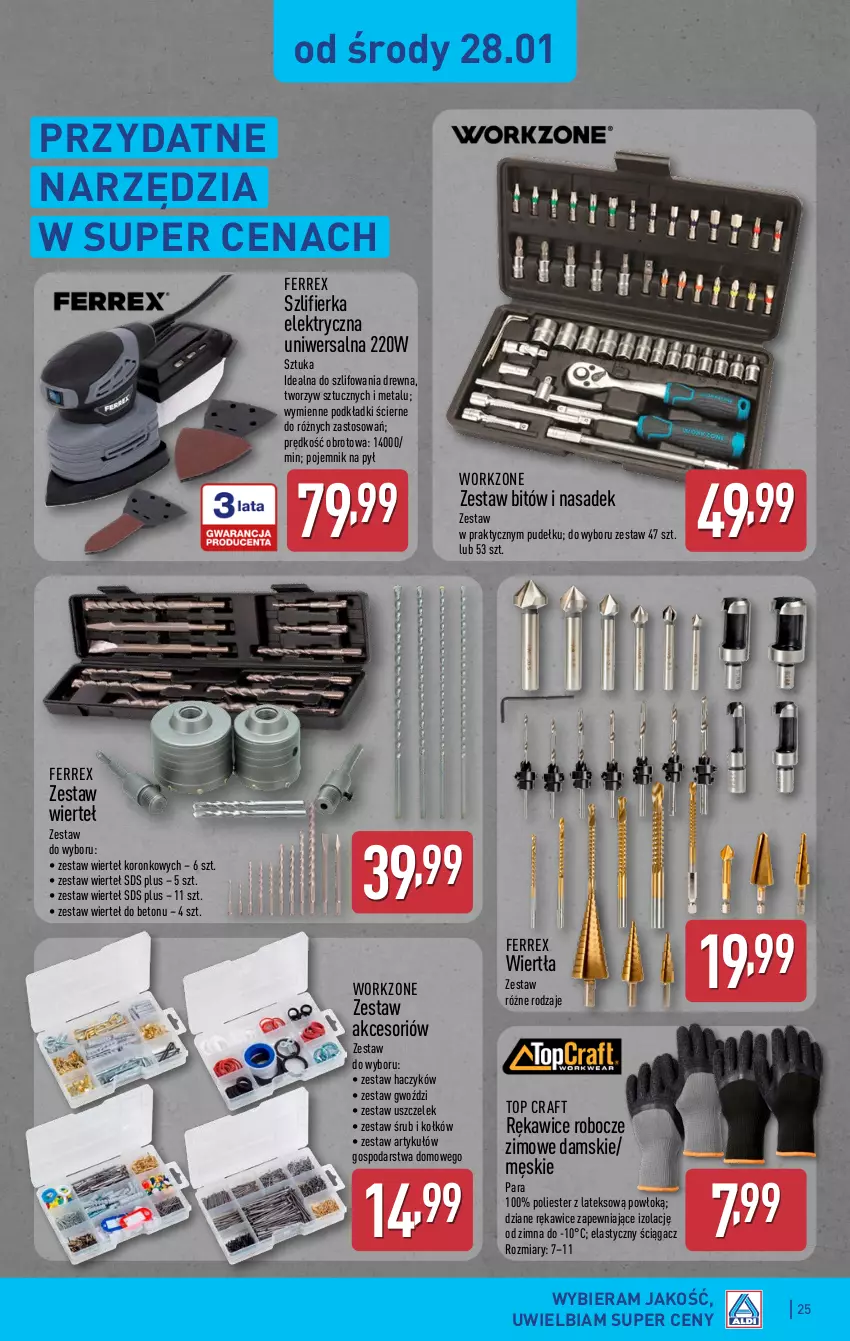 Gazetka promocyjna Aldi - Pełna oferta - ważna 26.01 do 31.01.2026 - strona 25 - produkty: Haczyk, Podkład, Pojemnik, Rękawice, Rękawice robocze, Szlifierka, Top, Zestaw wierteł