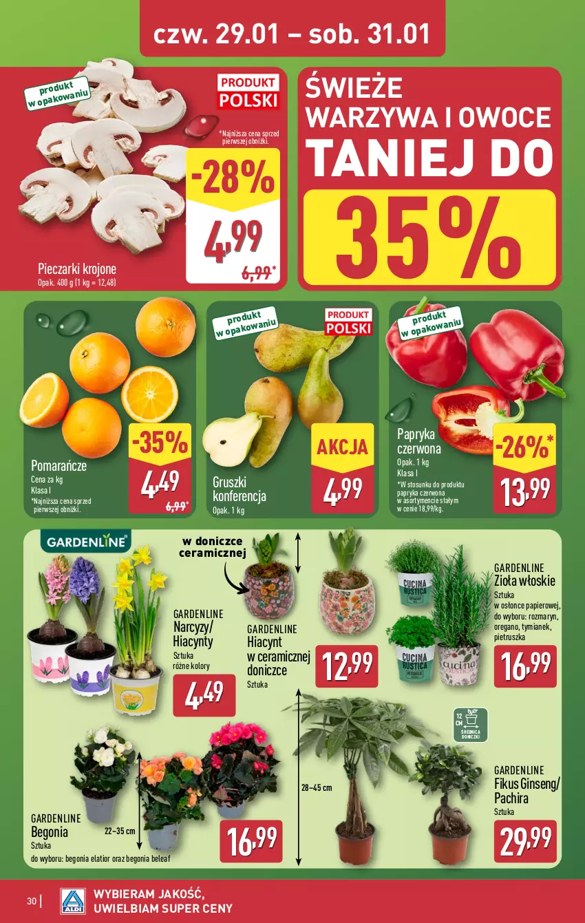 Gazetka promocyjna Aldi - Pełna oferta - ważna 26.01 do 31.01.2026 - strona 30 - produkty: Gin, Gruszki, Hiacynt, Narcyz, Owoce, Papier, Papryka, Papryka czerwona, Piec, Pieczarki krojone, Pietruszka, Pomarańcze, Warzywa, Warzywa i owoce