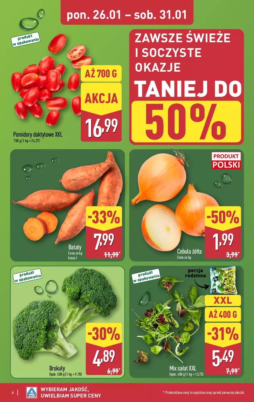 Gazetka promocyjna Aldi - Pełna oferta - ważna 26.01 do 31.01.2026 - strona 4 - produkty: Brokuły, Cebula, Pomidory, Por, Sałat
