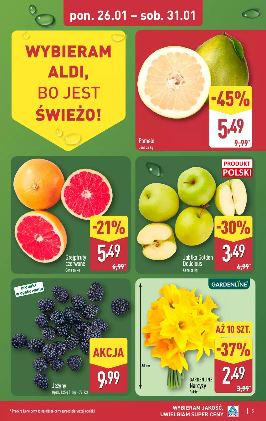 Gazetka promocyjna Aldi - Pełna oferta - ważna 26.01 do 31.01.2026 - strona 5 - produkty: Bukiet, Grejpfrut, Jabłka, Jeżyny, Narcyz, Pomelo, Top