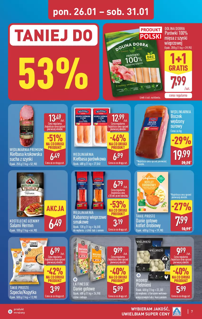 Gazetka promocyjna Aldi - Pełna oferta - ważna 26.01 do 31.01.2026 - strona 7 - produkty: Boczek, Danie gotowe, Fa, Gra, Kabanos, Kiełbasa, Kiełbasa krakowska, Kopytka, Kotlet, Kurczak, Parówki, Salami, Ser