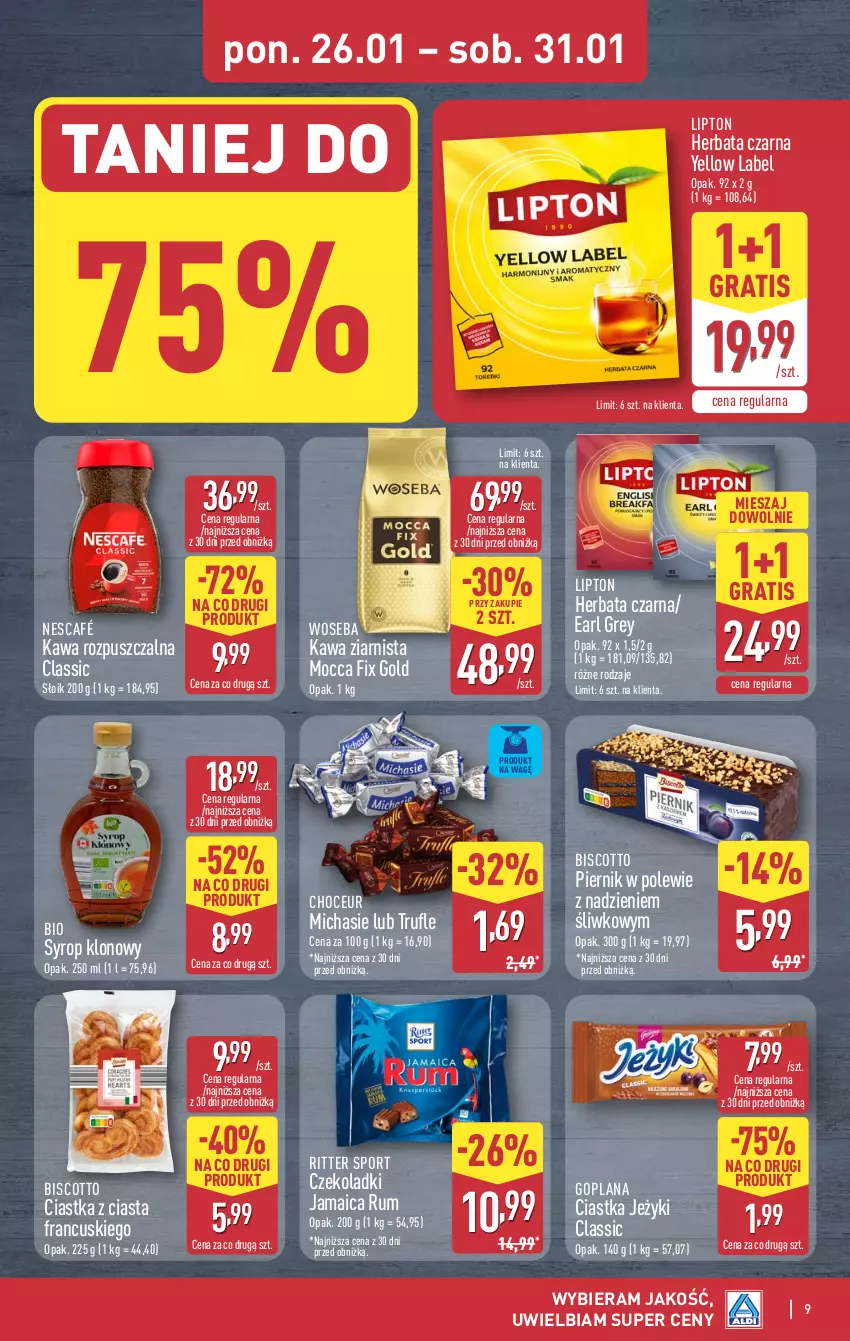 Gazetka promocyjna Aldi - Pełna oferta - ważna 26.01 do 31.01.2026 - strona 9 - produkty: Ciastka, Earl Grey, Goplana, Gra, Herbata, Herbata czarna, Jeżyki, Kawa, Kawa rozpuszczalna, Kawa ziarnista, LANA, Lipton, Mocca Fix Gold, Nescafé, Piernik, Por, Ritter Sport, Rum, Sport, Syrop, Woseba