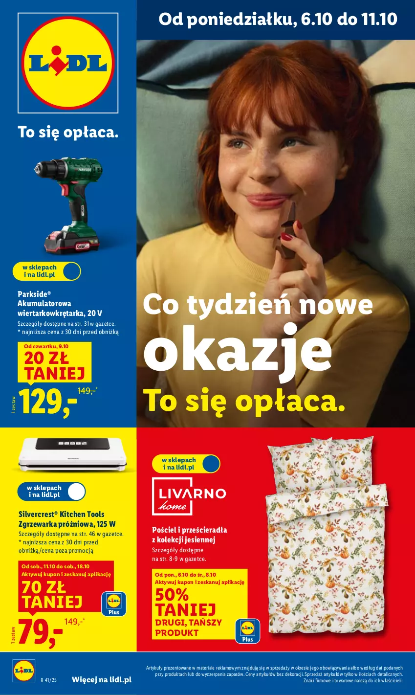 Gazetka promocyjna Lidl - GAZETKA - ważna 06.10 do 11.10.2025 - strona 1 - produkty: Akumulator, Akumulatorowa wiertarkowkrętark, Parkside, Pościel, Silvercrest, Tarka, Warka, Wiertarkowkrętarka, Wkręt, Wkrętarka