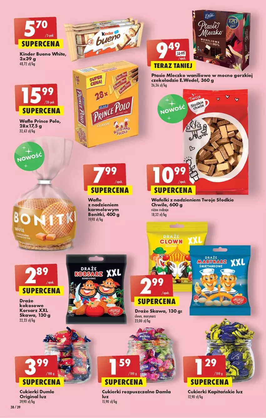 Gazetka promocyjna Biedronka - W tym tygodniu - ważna 28.07 do 03.08.2022 - strona 38 - produkty: Bonitki, Cukier, Cukierki, Gin, Kawa, Kinder, Kinder Bueno, Kokos, Mleczko, Prince Polo, Ptasie mleczko, Wafle