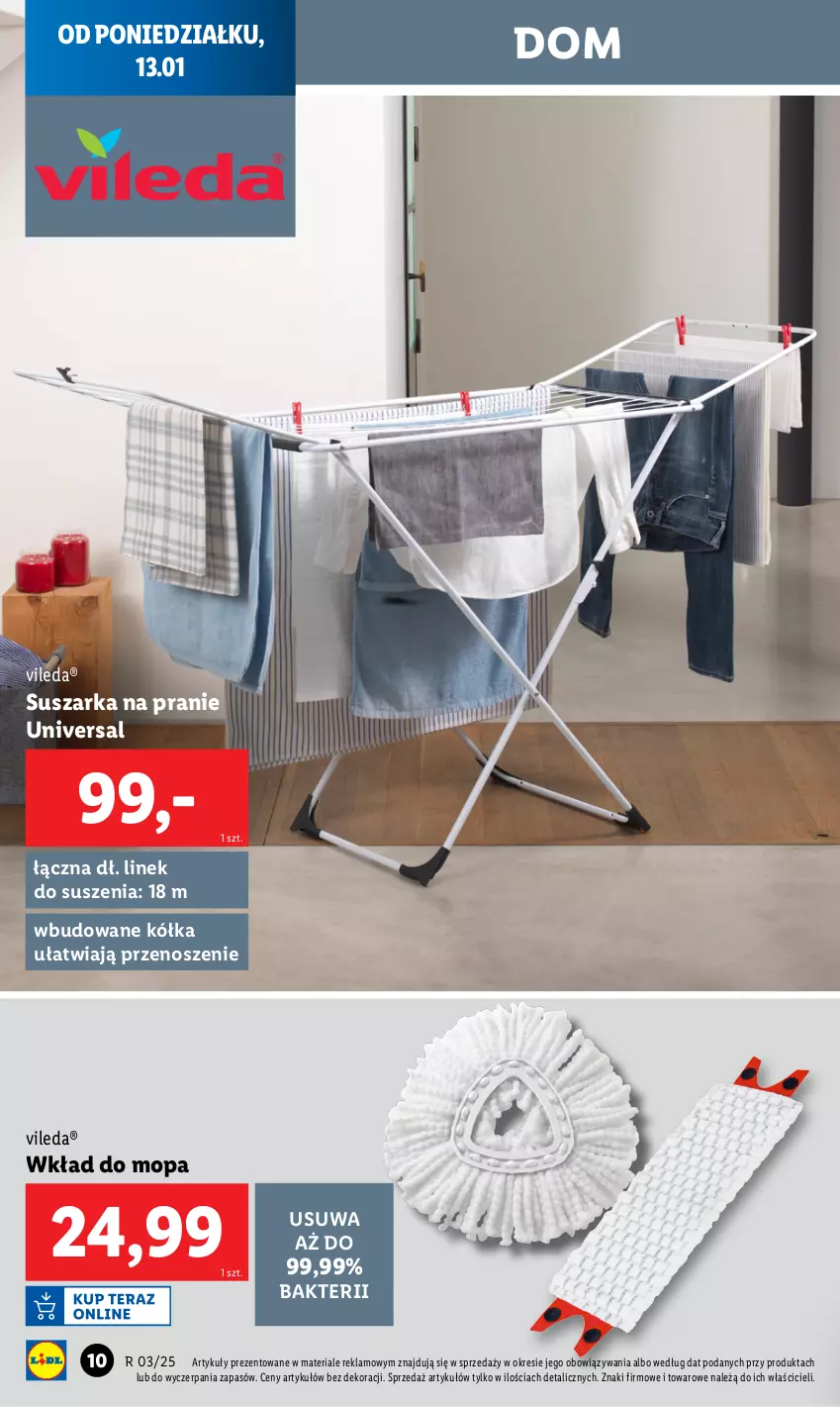 Gazetka promocyjna Lidl - GAZETKA - ważna 13.01 do 18.01.2025 - strona 10 - produkty: Mop, Suszarka, Suszarka na pranie, Vileda, Wkład do mopa