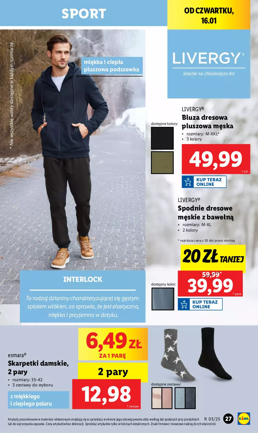 Gazetka promocyjna Lidl - GAZETKA - ważna 13.01 do 18.01.2025 - strona 27 - produkty: Bluza, Bluza dresowa, Dres, Karp, Por, Skarpetki, Spodnie, Spodnie dresowe, Sport