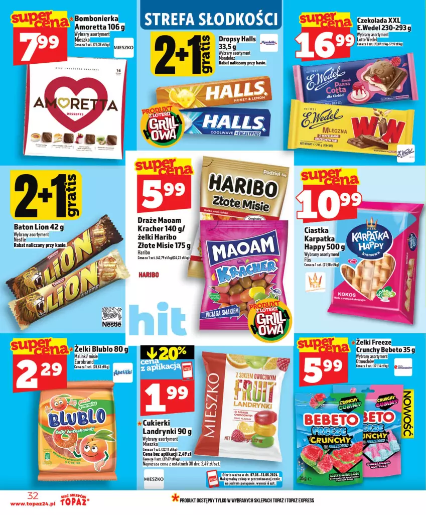 Gazetka promocyjna Topaz - Gazetka - ważna 07.05 do 13.05.2026 - strona 32 - produkty: Baton, Cukier, Cukierki, Czekolada, Fa, Halls, Haribo, Karp, Lion, Mop, Top