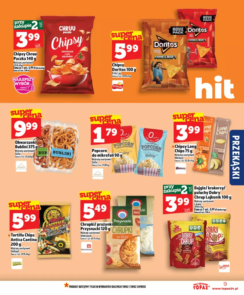 Gazetka promocyjna Topaz - Gazetka - ważna 07.05 do 13.05.2026 - strona 9 - produkty: Bajgle, Chipsy, Chrupki, Fa, Krakersy, Lajkonik, Lorenz, Popcorn, Top