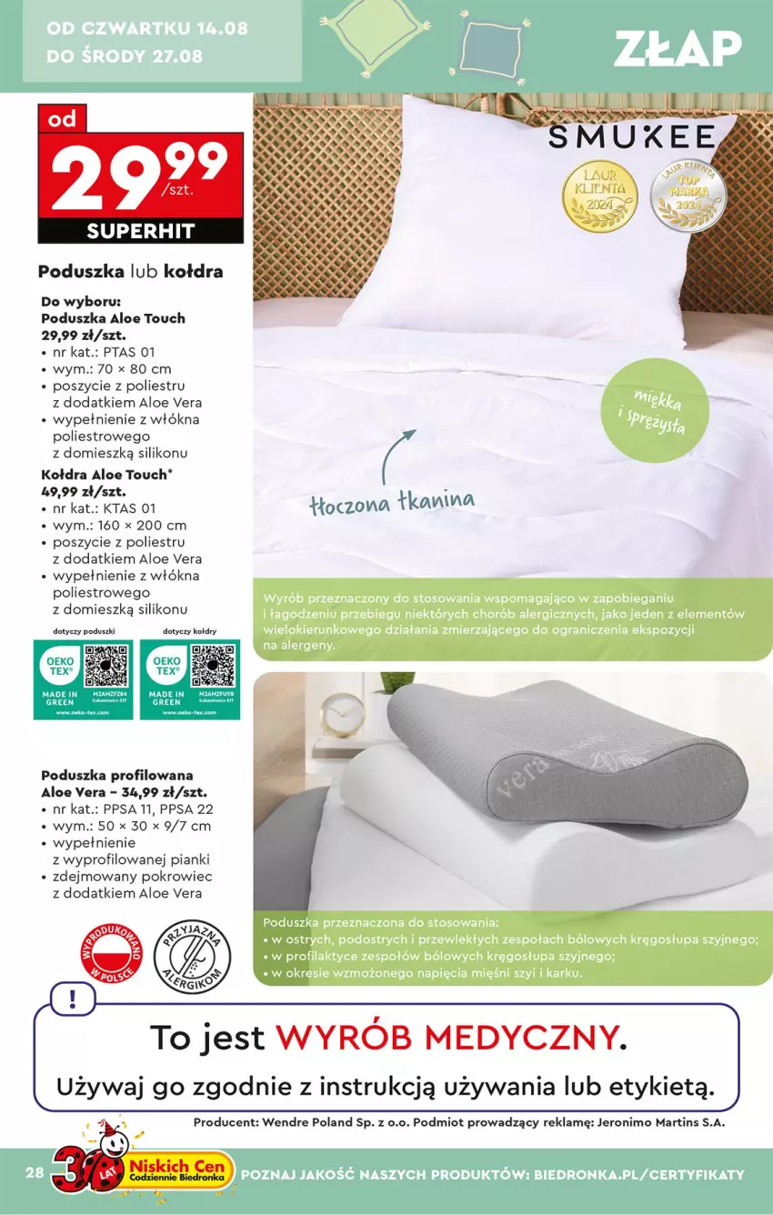 Gazetka promocyjna Biedronka - Okazje Tygodnia - ważna 11.08 do 23.08.2025 - strona 34 - produkty: Aloe vera, Kołdra, Poduszka, Pokrowiec