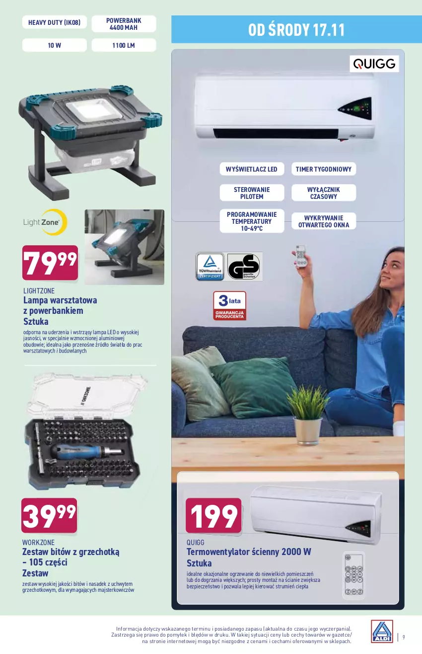 Gazetka promocyjna Aldi - Katalog Moda i Dom - ważna 15.11 do 20.11.2021 - strona 9 - produkty: Bitów z grzechotką, Gra, Lampa, Lampa LED, Ogrzewanie, Piec, Por, Powerbank, Rum, Sok, Termowentylator