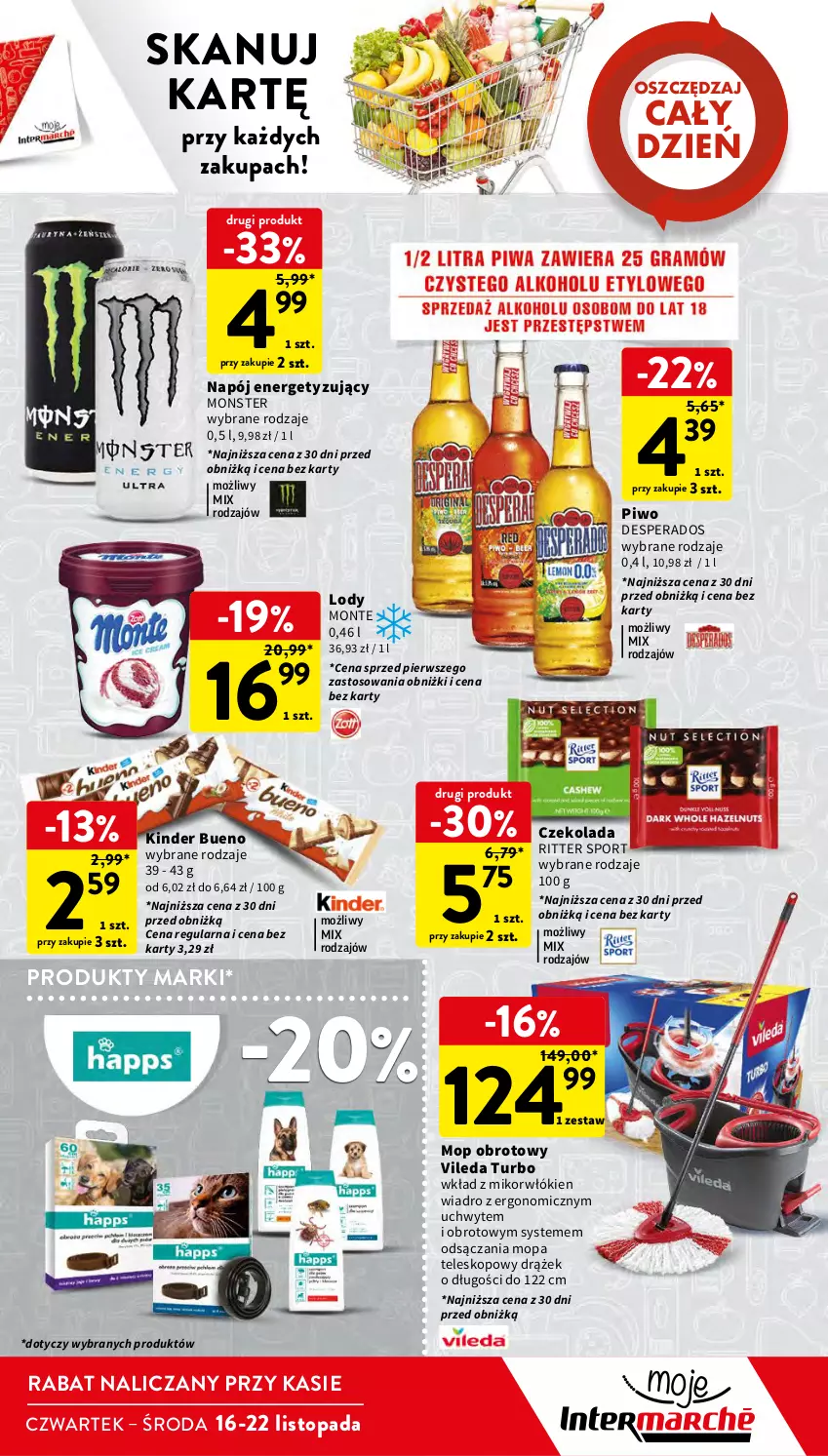 Gazetka promocyjna Intermarche - Gazetka Intermarche - ważna 16.11 do 22.11.2023 - strona 15 - produkty: Czekolada, Desperados, Kinder, Kinder Bueno, Lody, Monte, Mop, Napój, Piwo, Por, Ritter Sport, Sport, Teleskop, Top, Vileda, Wiadro