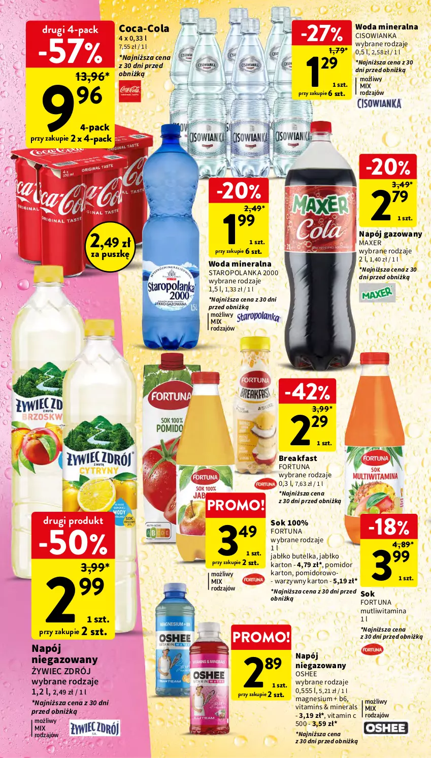 Gazetka promocyjna Intermarche - Gazetka Intermarche - ważna 16.11 do 22.11.2023 - strona 38 - produkty: Cisowianka, Coca-Cola, Fa, Fortuna, Maxer, Napój, Napój gazowany, Napój niegazowany, Oshee, Sok, Staropolanka, Woda, Woda mineralna