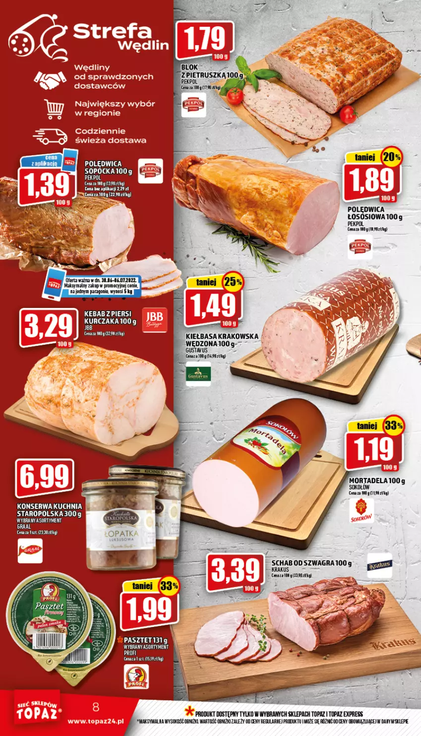 Gazetka promocyjna Topaz - Gazetka - ważna 30.06 do 06.07.2022 - strona 8 - produkty: Gra, Kebab, Kiełbasa, Krakus, Kurczak, LG, Pasztet, Pekpol, Polędwica, Top