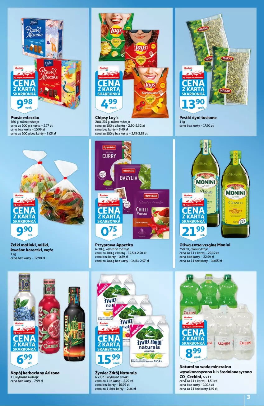 Gazetka promocyjna Auchan - Skarbonka #33 - ważna 19.08 do 25.08.2021 - strona 3 - produkty: Bazyl, Bazylia, BIC, Chipsy, Gin, Mleczko, Monini, Napój, Pestki dyni, Ptasie mleczko, Sok, Woda, Woda mineralna