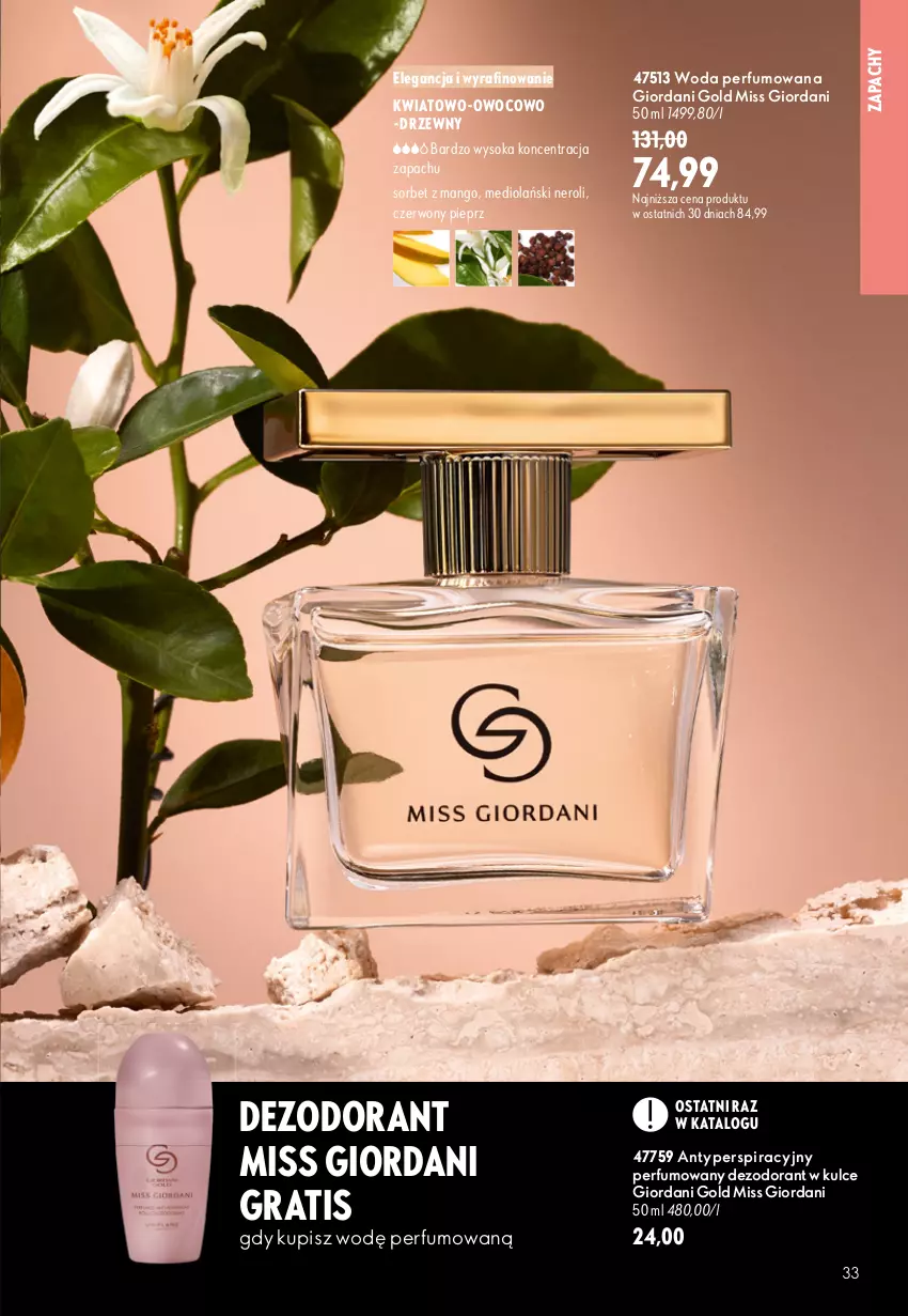 Gazetka promocyjna Oriflame - eKatalog 13 - ważna 09.09 do 29.09.2026 - strona 33 - produkty: Dezodorant, Giordani Gold, Gra, Mango, Miss Giordani, Perfum, Pieprz, Sok, Woda, Woda perfumowana