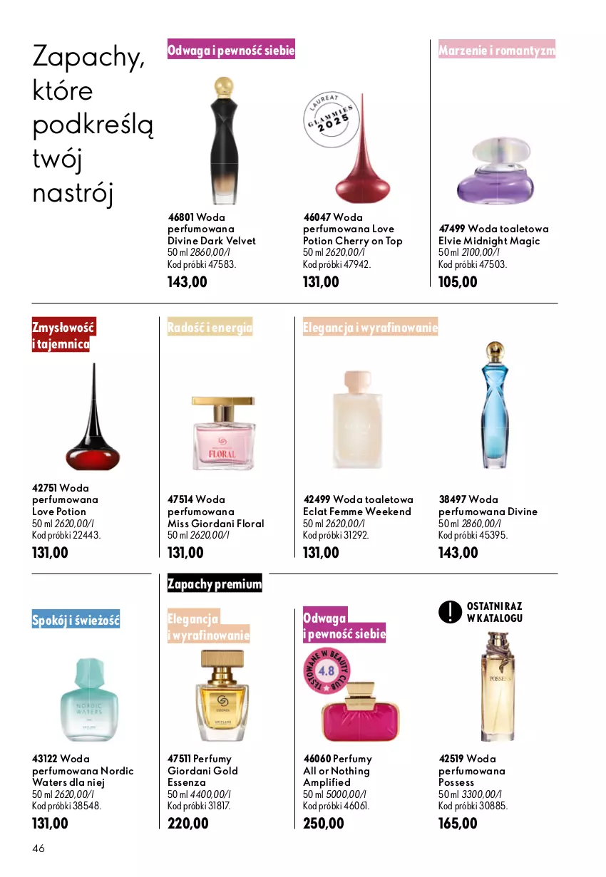 Gazetka promocyjna Oriflame - eKatalog 13 - ważna 09.09 do 29.09.2026 - strona 46 - produkty: Divine, Eclat, Elvie, Flora, Giordani Gold, Miss Giordani, Perfum, Possess, Top, Velvet, Waga, Woda, Woda perfumowana, Woda toaletowa