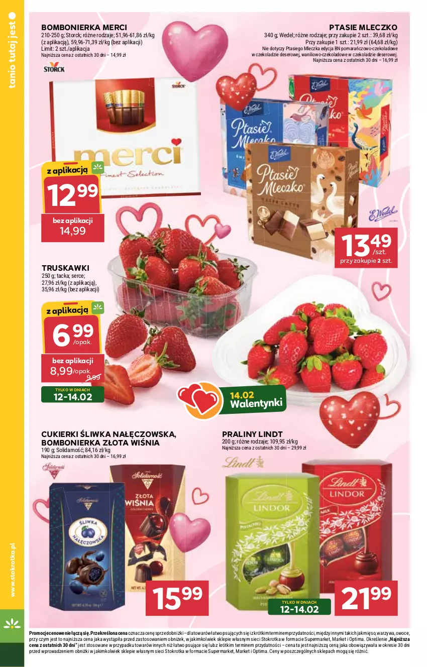 Gazetka promocyjna Stokrotka - Supermarket - ważna 12.02 do 18.02.2026 - strona 12 - produkty: Cukier, Cukierki, Deser, Lindt, Merci, Mięso, Mleczko, Optima, Owoce, Praliny, Ptasie mleczko, Ser, Truskawki, Warzywa