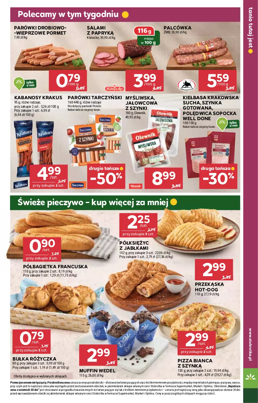 Gazetka promocyjna Stokrotka - Supermarket - ważna 12.02 do 18.02.2026 - strona 17 - produkty: Bagietka, Bułka, Jabłka, Kabanos, Kiełbasa, Kiełbasa krakowska, Krakus, Mięso, Olewnik, Optima, Owoce, Parówki, Piec, Pieczywo, Pizza, Półbagietka, Polędwica, Por, Salami, Salami z papryką, Szynka, Tarczyński, Warzywa