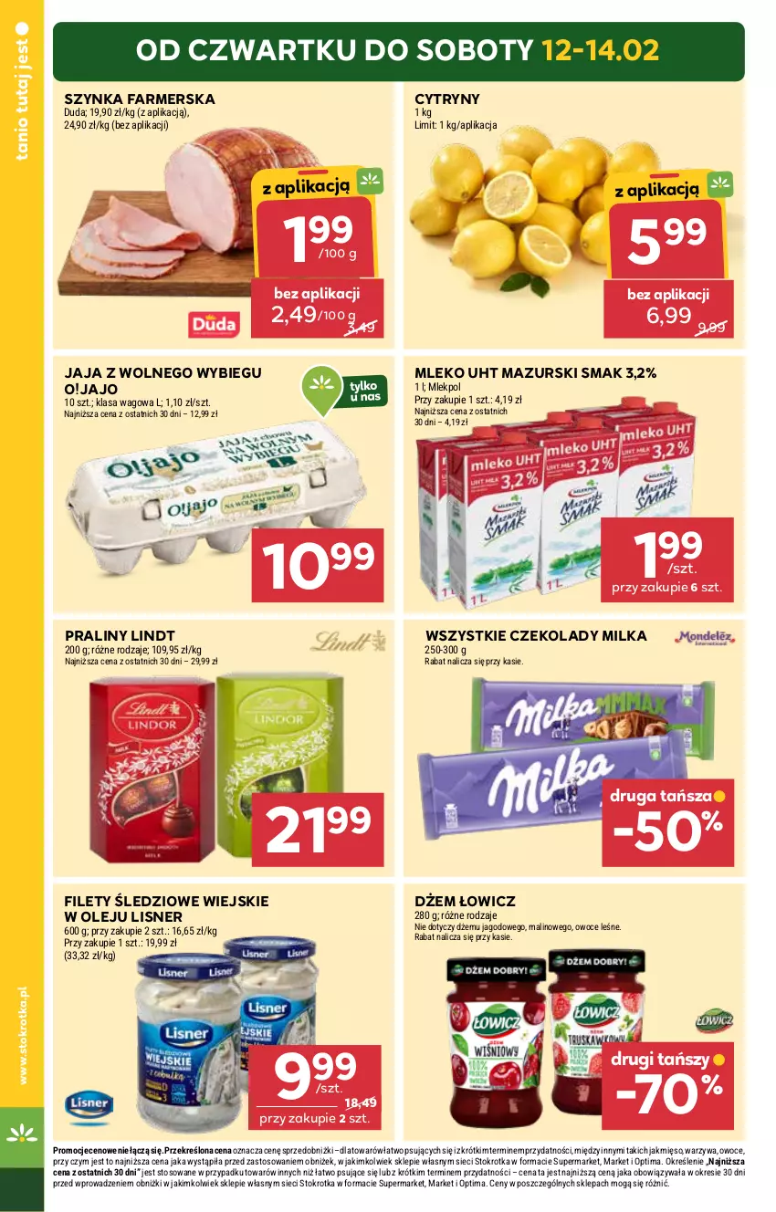Gazetka promocyjna Stokrotka - Supermarket - ważna 12.02 do 18.02.2026 - strona 2 - produkty: Cytryny, Duda, Dżem, Fa, Jaja, Jaja z wolnego wybiegu, Lindt, Lisner, Mięso, Milka, Mleko, Olej, Optima, Owoce, Praliny, Szynka, Szynka farmerska, Warzywa
