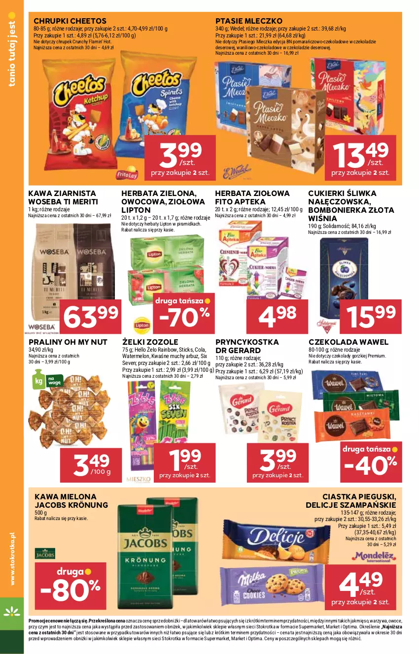 Gazetka promocyjna Stokrotka - Supermarket - ważna 12.02 do 18.02.2026 - strona 24 - produkty: Apteka, Arbuz, Cheetos, Chrupki, Ciastka, Cukier, Cukierki, Czekolada, Delicje, Deser, Dr Gerard, Herbata, Jacobs, Jacobs Krönung, Kawa, Kawa mielona, Kawa ziarnista, Lipton, Melon, Mięso, Mleczko, Optima, Owoce, Praliny, Ptasie mleczko, Ser, Warzywa, Wawel, Woseba