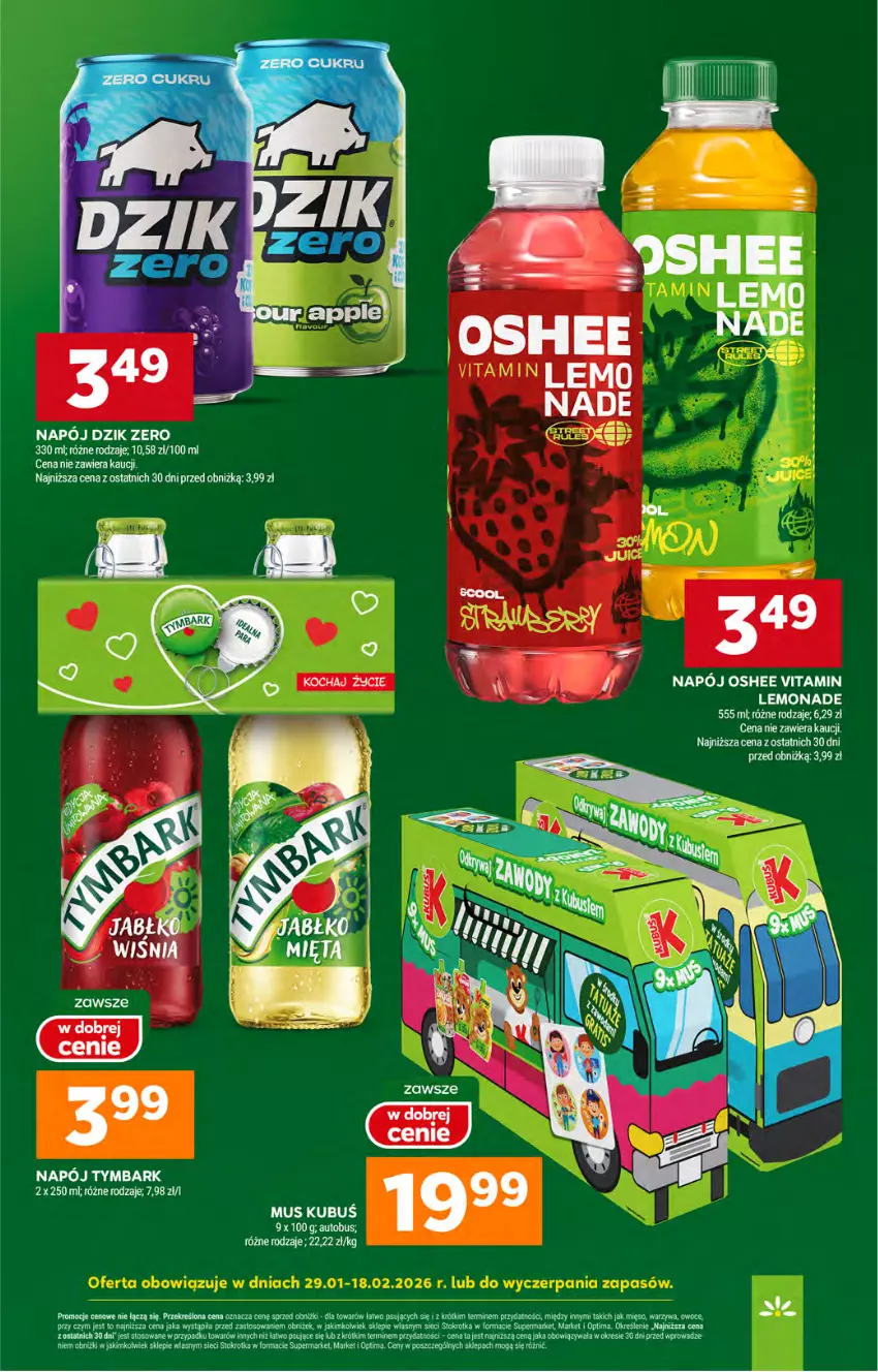 Gazetka promocyjna Stokrotka - Supermarket - ważna 12.02 do 18.02.2026 - strona 29 - produkty: Fa, Kubuś, Mięso, Mus, Napój, Optima, Oshee, Owoce, Warzywa