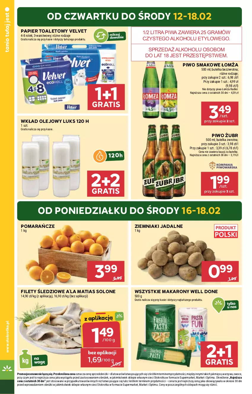 Gazetka promocyjna Stokrotka - Supermarket - ważna 12.02 do 18.02.2026 - strona 4 - produkty: Gra, Makaron, Mięso, Olej, Optima, Owoce, Papier, Papier toaletowy, Piwa, Piwo, Pomarańcze, Radler, Velvet, Warzywa, Wkład olejowy, Ziemniaki