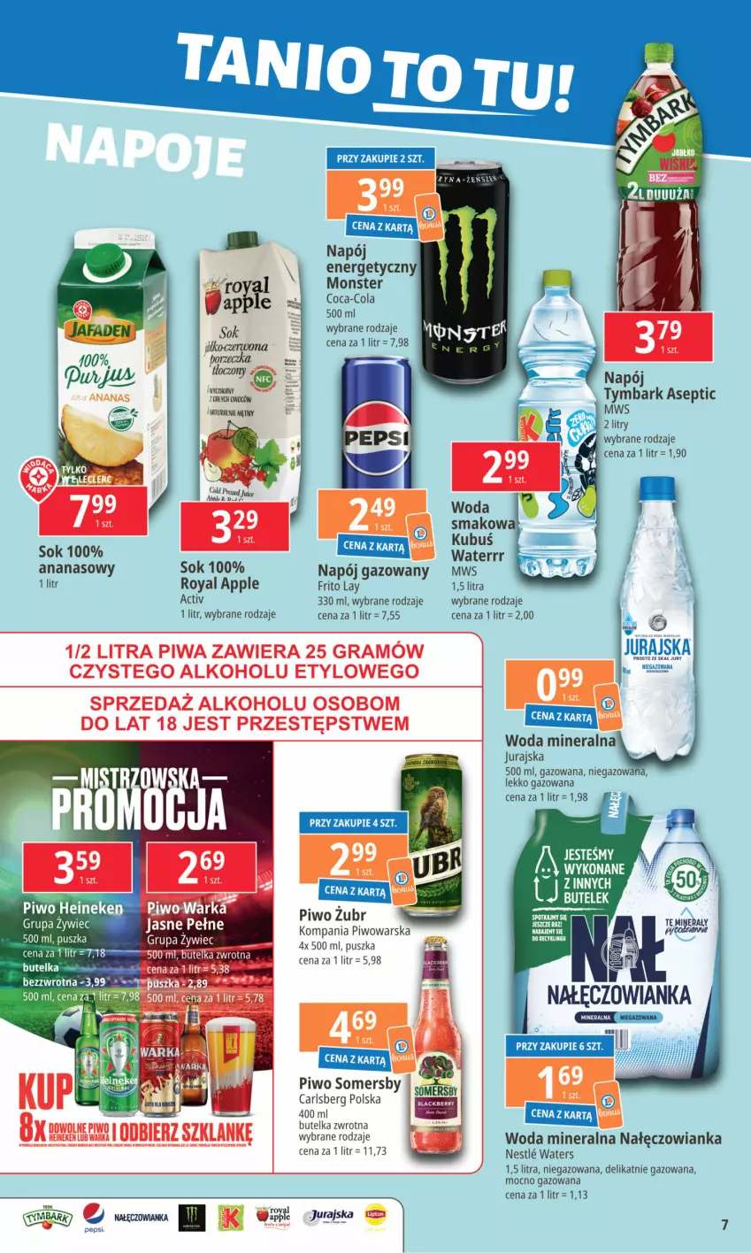 Gazetka promocyjna E Leclerc - ważna 08.08 do 19.08.2024 - strona 7 - produkty: Ananas, Carlsberg, Coca-Cola, Heineken, Kubuś, Nałęczowianka, Napój, Napój gazowany, Pepsi, Piwo, Sok, Somersby, Tymbark, Woda, Woda mineralna