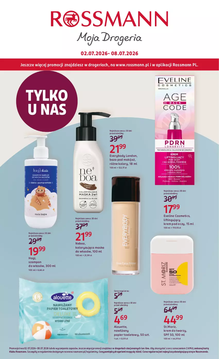 Gazetka promocyjna Rossmann - Gazetka promocyjna Rossmanna - ważna 02.07 do 08.07.2026 - strona 1 - produkty: Alouette, Body, Eveline, Krem do twarzy, Krem pod oczy, Makijaż, Maska, Maska do włosów, Nawilżany papier, Papier, Papier toaletowy, Szampon