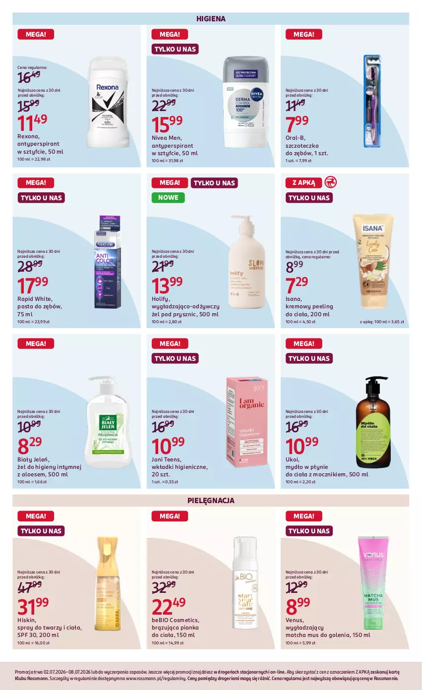 Gazetka promocyjna Rossmann - Gazetka promocyjna Rossmanna - ważna 02.07 do 08.07.2026 - strona 3 - produkty: Antyperspirant, Biały Jeleń, Isana, Mus, Mydło, Mydło w płynie, Nivea, Nivea Men, Pasta do zębów, Peeling, Rexona, Szczoteczka, Szczoteczka do zębów, Venus, Wkładki