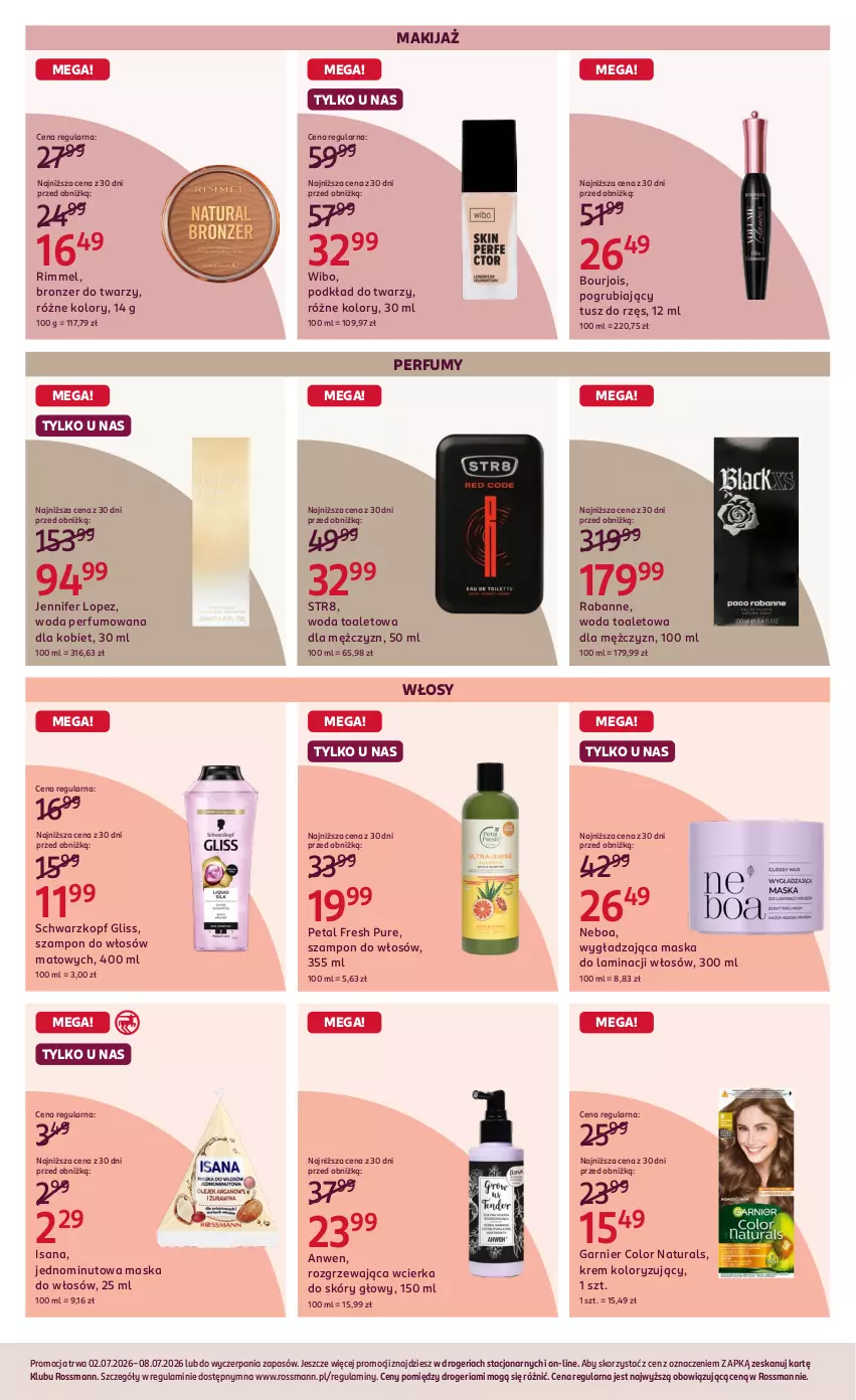 Gazetka promocyjna Rossmann - Gazetka promocyjna Rossmanna - ważna 02.07 do 08.07.2026 - strona 5 - produkty: Bourjois, Bronzer, Garnier, Isana, Makijaż, Maska, Maska do włosów, Perfum, Petal Fresh, Podkład, Podkład do twarzy, Pur, Schwarzkopf, Str8, Szampon, Tusz, Wibo, Woda, Woda perfumowana, Woda toaletowa