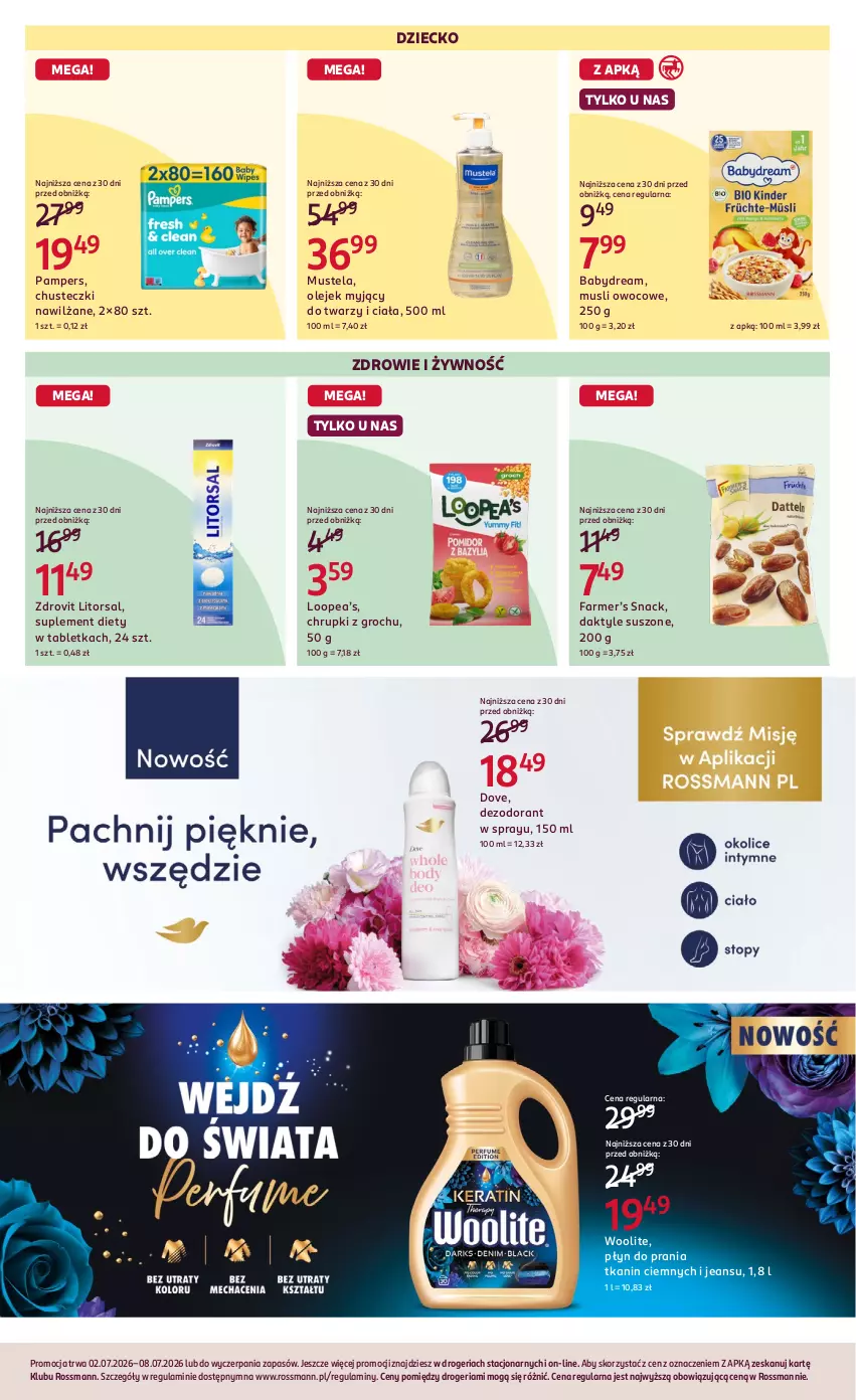 Gazetka promocyjna Rossmann - Gazetka promocyjna Rossmanna - ważna 02.07 do 08.07.2026 - strona 7 - produkty: Babydream, Chrupki, Chusteczki, Daktyle, Dezodorant, Dove, Fa, Groch, Mus, Mustela, Olej, Pampers, Płyn do prania, Suplement diety, Tablet, Woolite, Zdrowie