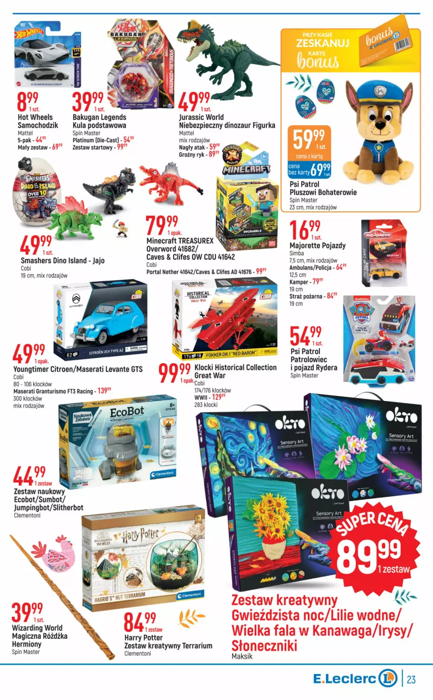 Gazetka promocyjna E Leclerc - ważna 28.03 do 08.04.2023 - strona 24 - produkty: Chodzik, Dinozaur, Gra, Harry Potter, Hot Wheels, Isla, Jurassic World, Klocki, Mattel, Minecraft, Piec, Pojazd, Por, Portal, Psi Patrol, Ser, Straż pożarna