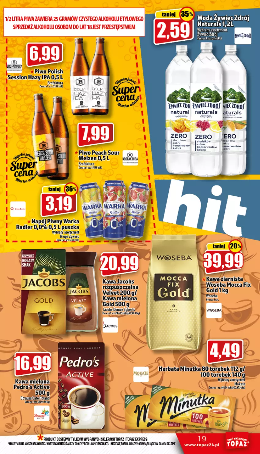 Gazetka promocyjna Topaz - Gazetka - ważna 22.09 do 28.09.2022 - strona 19 - produkty: Fa, Herbata, Jacobs, Kawa, Kawa mielona, Mango, Miecz, Mocca Fix Gold, Napój, Piwo, Radler, Ser, SESSIO, Top, Velvet, Warka, Woda, Woseba