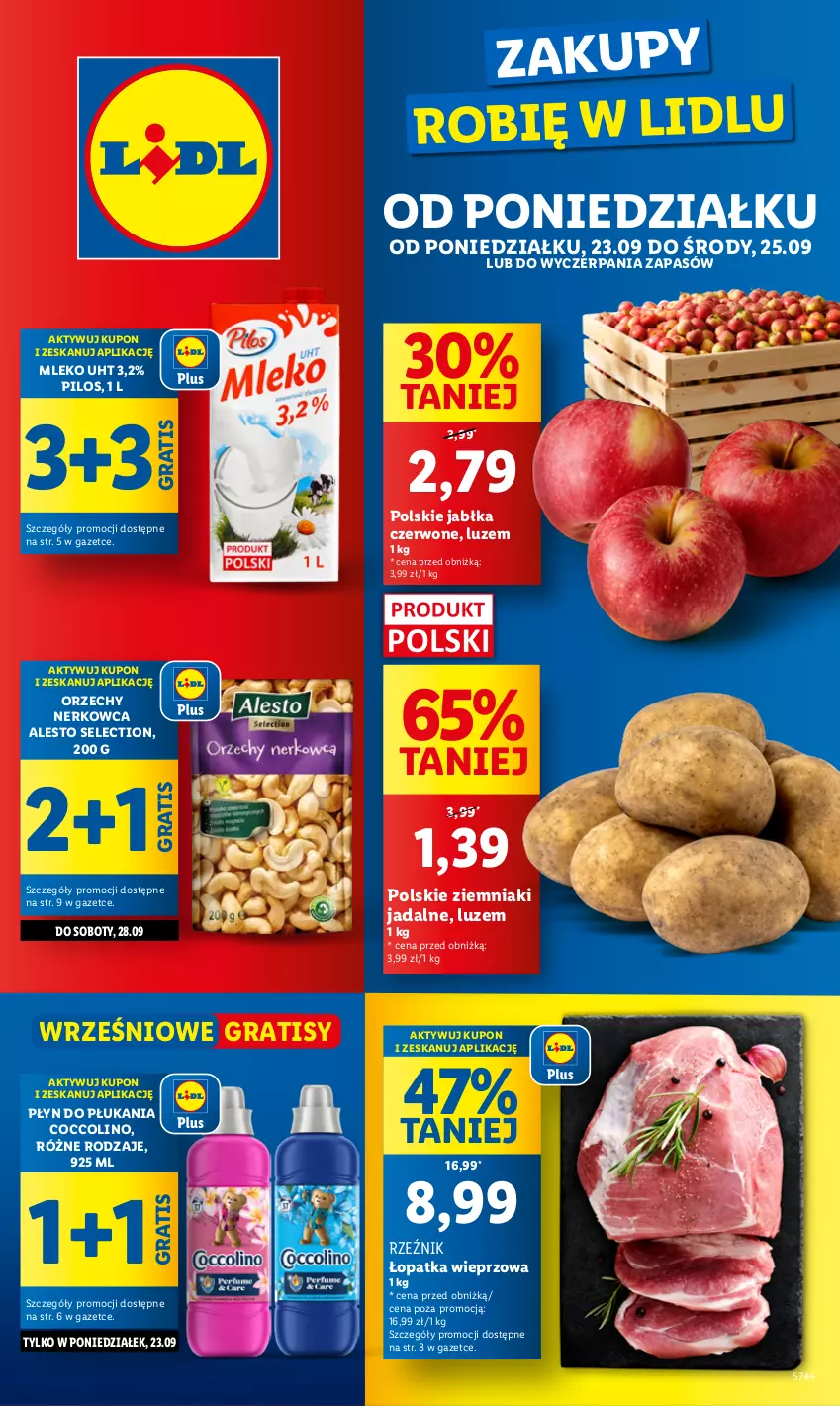 Gazetka promocyjna Lidl - GAZETKA - ważna 23.09 do 25.09.2024 - strona 1 - produkty: Coccolino, Gra, Jabłka, Mleko, Pilos, Płyn do płukania, Ziemniaki