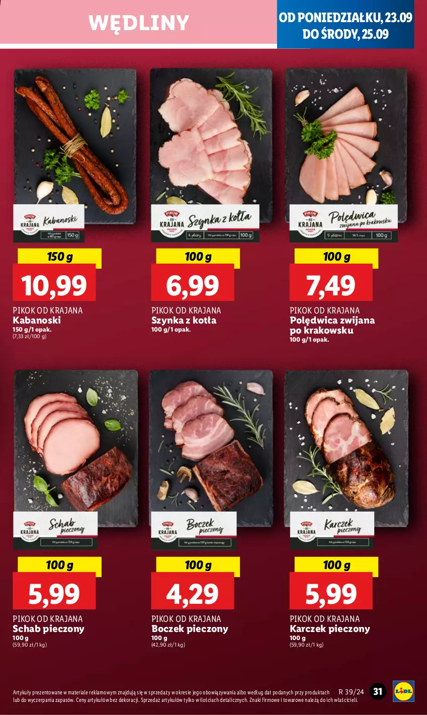 Gazetka promocyjna Lidl - GAZETKA - ważna 23.09 do 25.09.2024 - strona 35 - produkty: Boczek, Boczek pieczony, Kabanos, Piec, PIKOK, Polędwica, Schab pieczony, Szynka