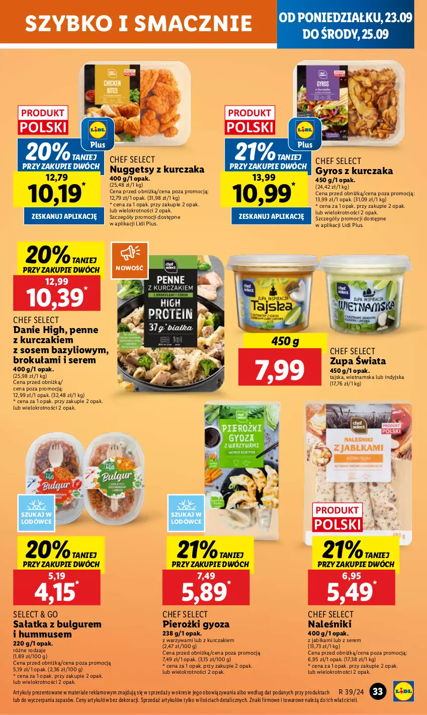 Gazetka promocyjna Lidl - GAZETKA - ważna 23.09 do 25.09.2024 - strona 37 - produkty: Bazyl, Bulgur, Gyros, Hummus, Jabłka, Kurczak, LG, Mus, Naleśniki, Penne, Sałat, Sałatka, Ser, Sos, Warzywa, Zupa