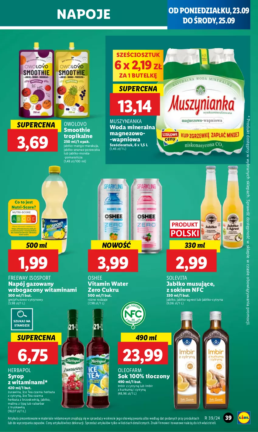 Gazetka promocyjna Lidl - GAZETKA - ważna 23.09 do 25.09.2024 - strona 43 - produkty: Ananas, Fa, Grejpfrut, Gres, Herbapol, Herbata, Ice tea, Imbir, Magnez, Mango, Morela, Mus, Muszynianka, Napój, Napój gazowany, Napoje, Oleo, Oleofarm, Oshee, Por, Smoothie, Sok, Sos, Sport, Syrop, Woda, Woda mineralna