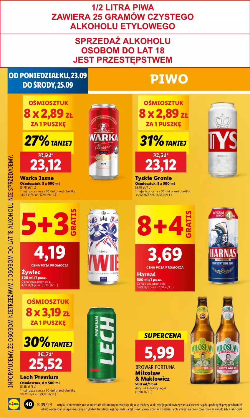 Gazetka promocyjna Lidl - GAZETKA - ważna 23.09 do 25.09.2024 - strona 44 - produkty: Fortuna, Gra, Harnaś, Lech Premium, Piwo, Tyskie, Warka