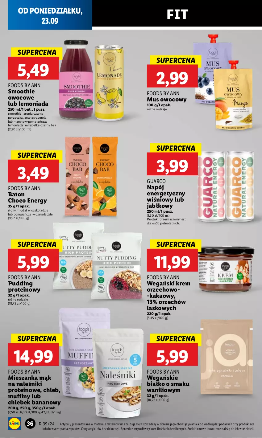 Gazetka promocyjna Lidl - GAZETKA - ważna 23.09 do 25.09.2024 - strona 46 - produkty: Acer, Ananas, Aronia, Baton, Chleb, Kakao, Lemoniada, Muffiny, Mus, Naleśniki, Napój, Napój energetyczny, Por, Pudding, Smoothie