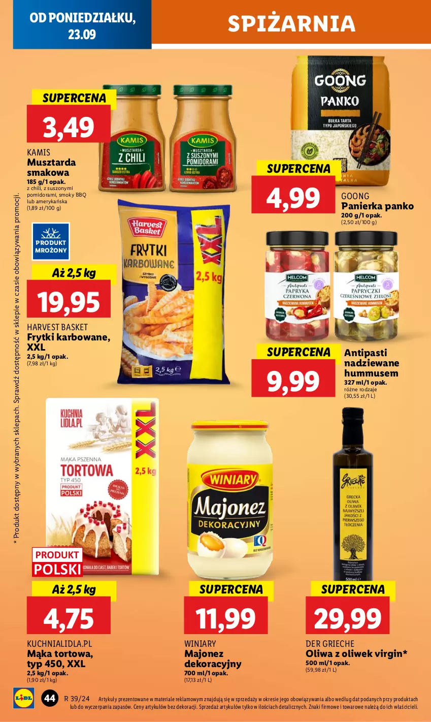 Gazetka promocyjna Lidl - GAZETKA - ważna 23.09 do 25.09.2024 - strona 50 - produkty: Frytki, Gin, Hummus, Kamis, Kuchnia, Majonez, Mąka, Mąka tortowa, Mus, Musztarda, Oliwa, Oliwa z oliwek, Winiary