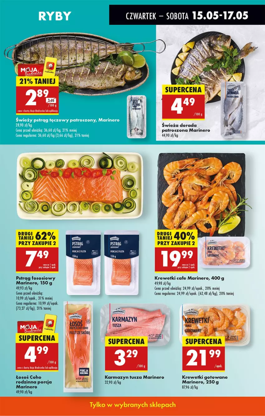 Gazetka promocyjna Biedronka - Od Czwartku - ważna 15.05 do 21.05.2025 - strona 23 - produkty: Karmazyn tusza, Krewetki, Por, Pstrąg, Pstrąg łososiowy, Pstrąg tęczowy, Sos, Tusz