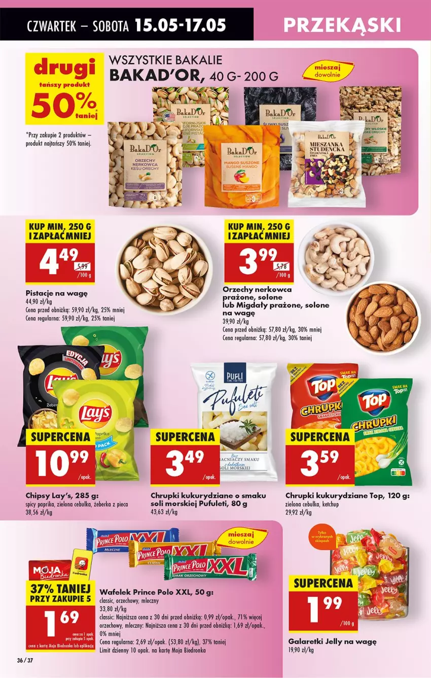 Gazetka promocyjna Biedronka - Od Czwartku - ważna 15.05 do 21.05.2025 - strona 44 - produkty: Chipsy, Chrupki, Gala, Galaretki, Ketchup, Migdały, Piec, Pistacje, Prince Polo, Puf, Top, Wafelek