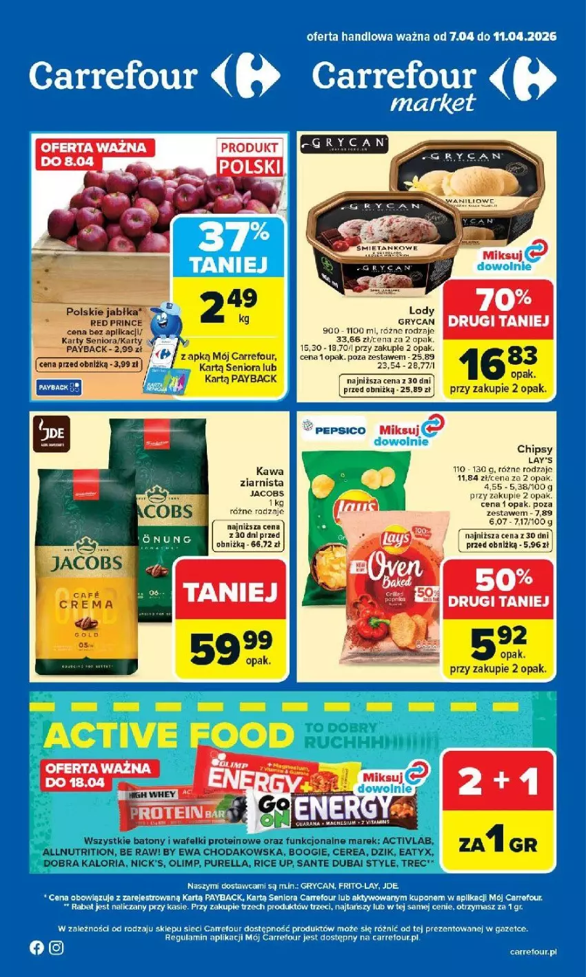 Gazetka promocyjna Carrefour - Gazetka Carrefour, Market od poniedziałku! - ważna 07.04 do 11.04.2026 - strona 1 - produkty: Baton, Chipsy, Fa, Gry, Jacobs, Kawa, Kawa ziarnista, Lody, Noż, Pur, Sante