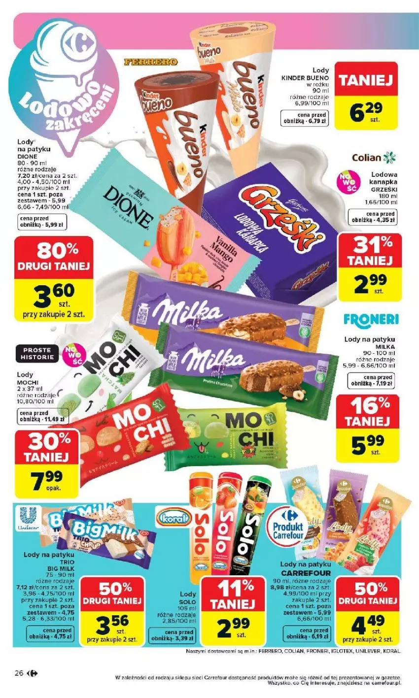 Gazetka promocyjna Carrefour - Gazetka Carrefour, Market od poniedziałku! - ważna 07.04 do 11.04.2026 - strona 28 - produkty: Ferrero, Grześki, Kinder, Kinder Bueno, Lody, Milka